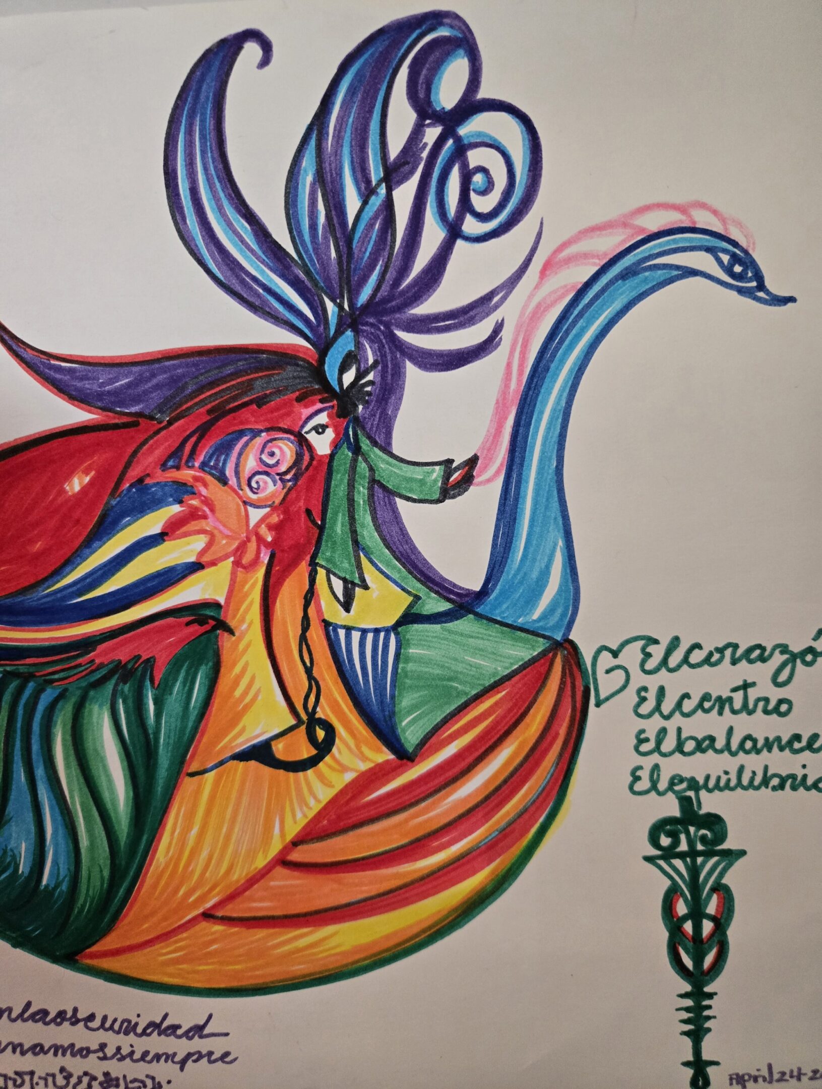 Colorful abstract bird with flowing shapes and lines.