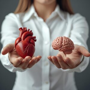Person holding models of a human heart and brain in both hands.