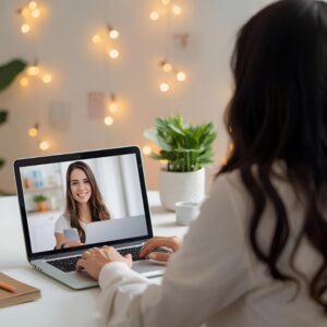 Woman video chatting on laptop in cozy room with warm lights.