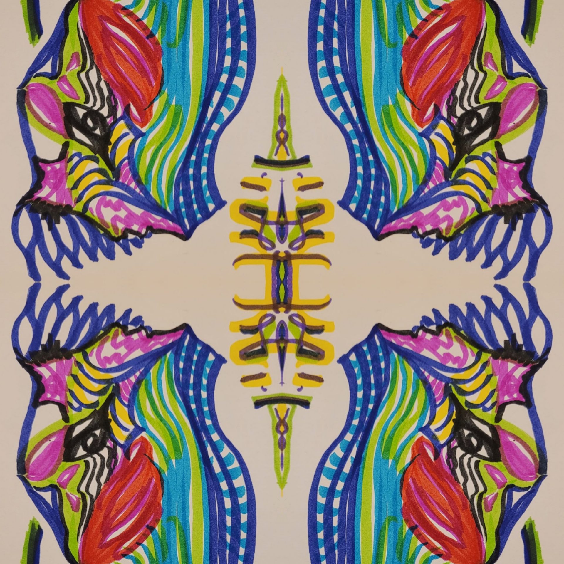 Colorful symmetrical floral and abstract pattern with vibrant lines.