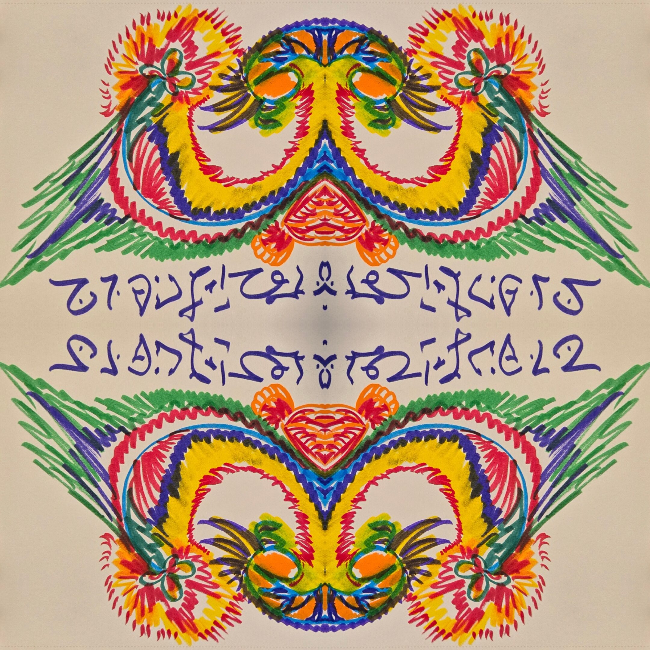 Colorful symmetrical abstract art with vibrant patterns and shapes.