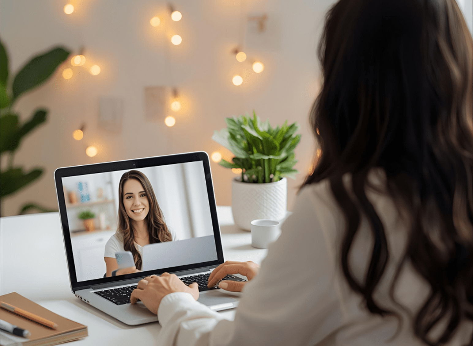 Woman video chatting on a laptop in a cozy, well-lit room.