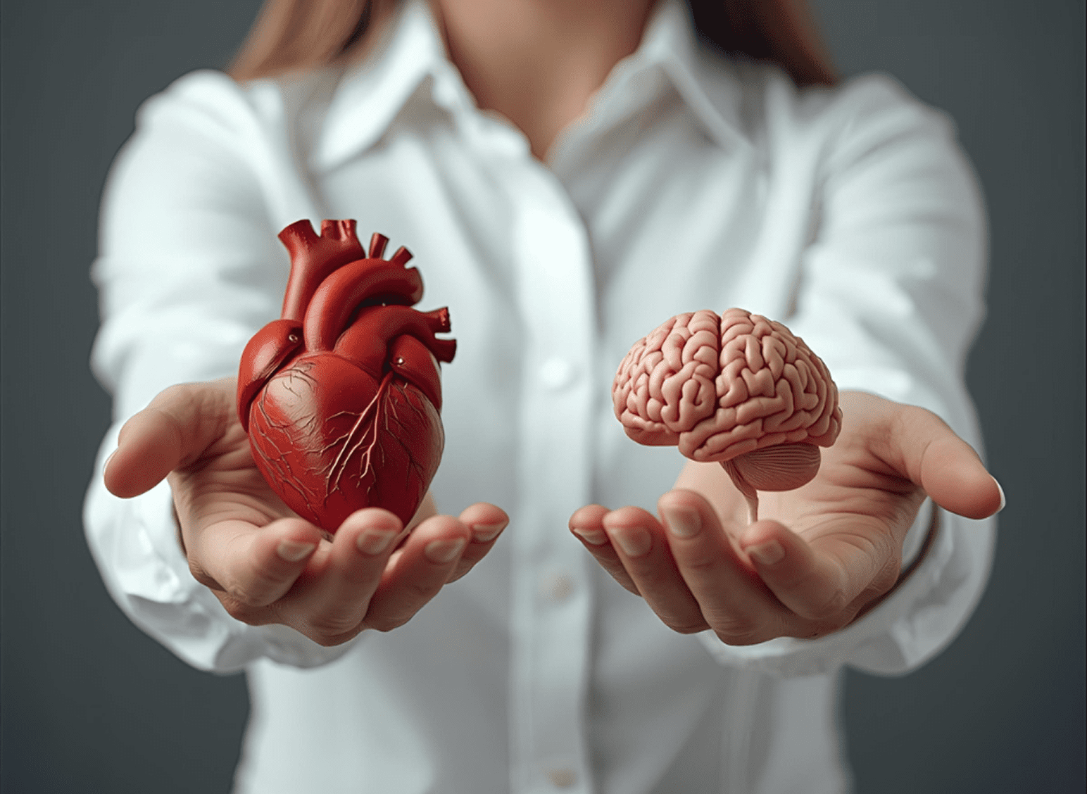 Person holding a model heart and brain in each hand.