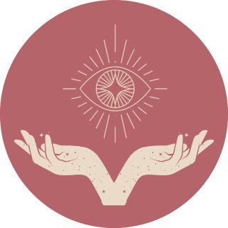 Open hands holding a radiant mystical eye symbol on a red circle background.
