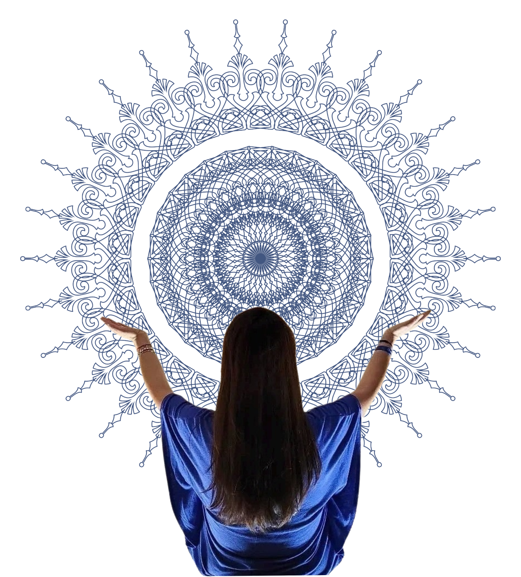 Person in blue with arms raised toward a concentric patterned circle.