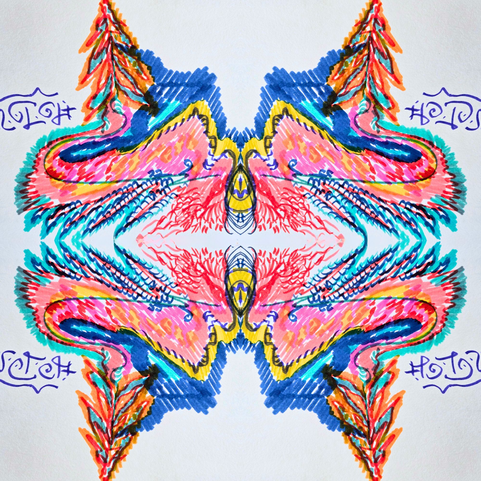 Colorful symmetrical abstract art with vibrant flames and intricate patterns.