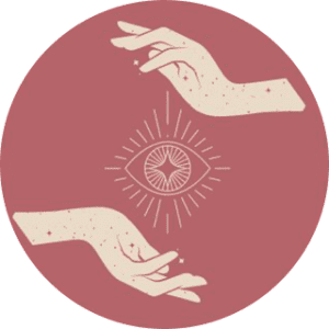 Two hands surrounding a mystical eye symbol on a pink background.
