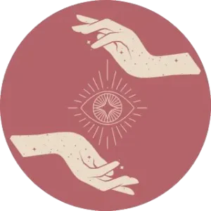 Two hands surrounding a mystical eye symbol on a muted red background.