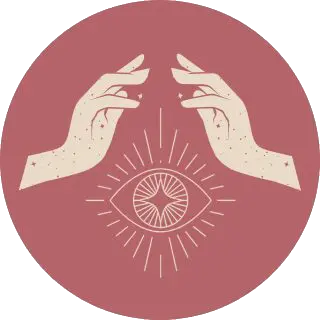 Two hands above a mystical eye symbol on a pink circle background.