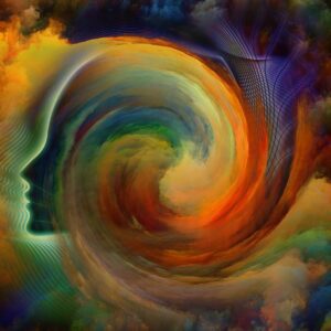A vibrant swirl blending a human profile with colorful cosmic clouds.