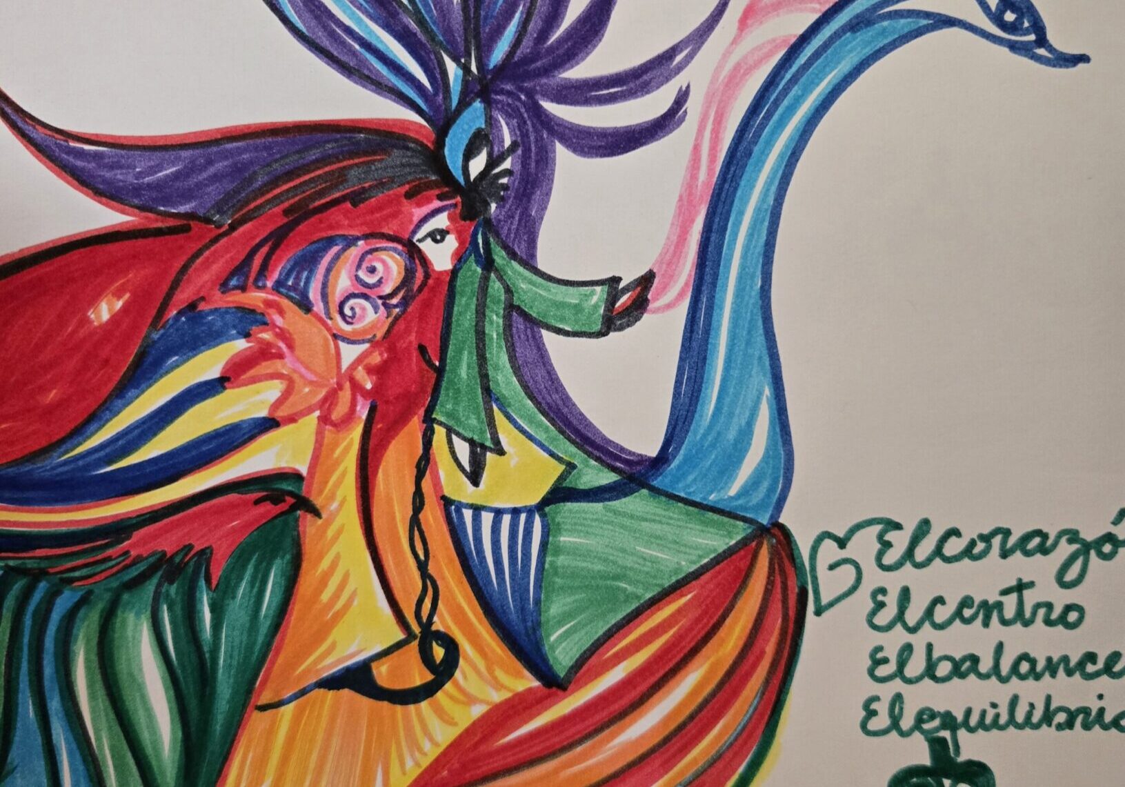 Colorful abstract bird with flowing shapes and lines.