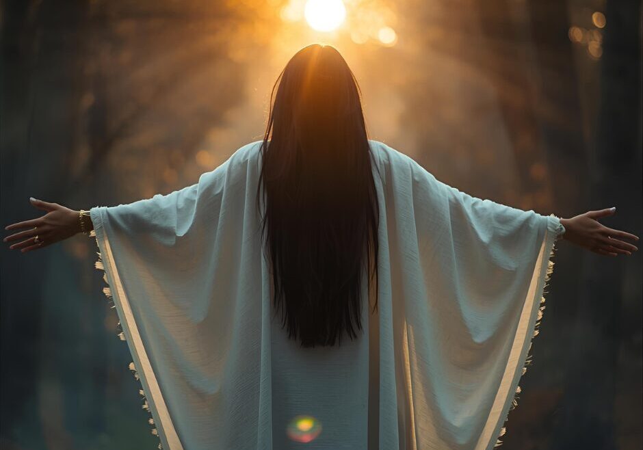 A person in a flowing white garment with outstretched arms illuminated by golden light.